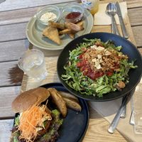 Burger, Fish and Chips, taco bowl   at Rakuen Cafe in Naha