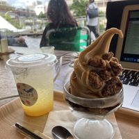 Soy ice cream with azuki bean  at Rakuen Cafe in Naha
