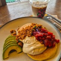 pancakes withv avocado and taco sauce at Rakuen Cafe in Naha