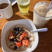 Date Shake……coffee with Oat milk and a refreshing mint, cucumber juicee  at Palm Greens Cafe in Palm Springs