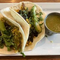 Breakfast tacos w/ tofu scramble, black beans, cilantro, avocado and delicious green salsa at Palm Greens Cafe in Palm Springs