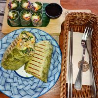Mega-vegan Burrito with vegan Avocado Spring Rolls at Easy Health in Pattaya