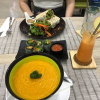 Carrot soup, avocado summer rolls, chicken burrito and carrot, ginger and apple juice.  at Easy Health in Pattaya