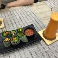 Avocado summer rolls and carrot, ginger and apple juice.  at Easy Health in Pattaya