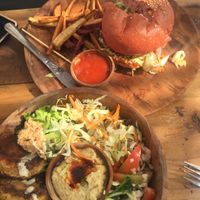 Falafel bowl and chickpea patty burger at No Fish Today in Weligama