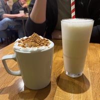 Gingerbread latte and vegan whipped cream and a vegan vanilla milkshake   at The Funky Monkey in Stockport