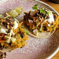 Sweet potato and black bean tacos with cashew cream and vegan feta at Friend of Mine  in Bridge Of Allan