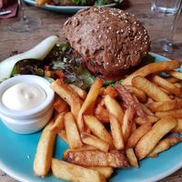 Super lekkere notenburger gegeten met knapperige frietjes en vegan mayo at Bistro De Rode Kater in Deventer