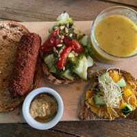 Vegan 12-uurtje with kroket, soup, bread with hummus, and bread with zucchini carpaccio. Delicious!   at Bistro De Rode Kater in Deventer