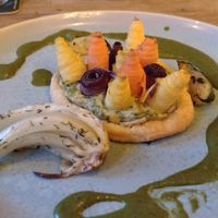 'carrot cake' puff pastry shell w vegan herb creme, carrot roses, spinach sauce & grilled onion at Bistro De Rode Kater in Deventer