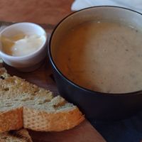 Mustard soup w bread and vegan aioli at Bistro De Rode Kater in Deventer