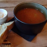 Tomato soup w bread and vegan aioli at Bistro De Rode Kater in Deventer