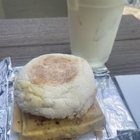 Breakfast sandwich with an iced bubble green tea   at Cabbage in Skippack