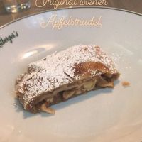 Apfelstrudel with homemade fruit sorbet at Hilberger's Beisl in Kaprun