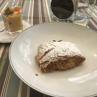 Apfelstrudel with homemade fruit sorbet at Hilberger's Beisl in Kaprun
