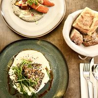 Starters: Roasted squash&hummus / Sesame marinated tofu   at Le Potager de Charlotte - Rennequin in Paris