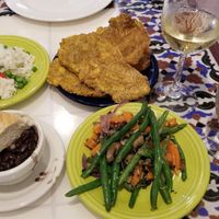 Black bean soup with bread, rice and peas, tostones, and green beans with carrots and mushrooms. at Columbia in St Augustine