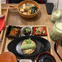 Front: tofu steak bento box / back: udon with fried tofu  at Mari's MetchaMatcha Wasyoku in Vienna