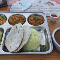 Vegan dish. Two salad, two mix veg, rice, pita, and a bean dish. at Maharaja India in Magdalena