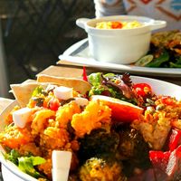 Season Buddha bowl and vegan mac n cheeze at Pixie Bakes Cakery and Coffee Shop in Tintwistle