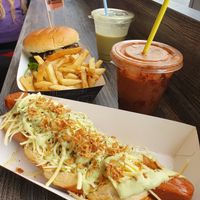 Vegan Mountain burger and classic chips
Vegan Mountain hotdog with avocado and cheese  at Simple and Good in Enfield