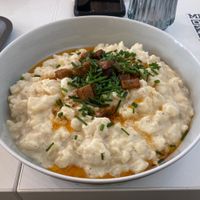 Traditional Slovakian potato cheese dish (vegan)  at Made with Laf in Bratislava