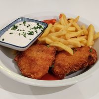 Schnitzel with chips (coleslaw ran out) at Made with Laf in Bratislava