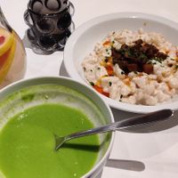 Lavender Lemonade,  raw Pea Soup and Halušky (potato dumplings with vegan bacon and vegan cottage cheese) at Made with Laf in Bratislava