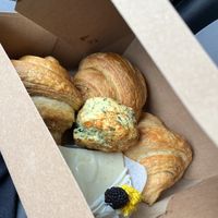 a beautiful assortment of vegan goodies: 2 ham and cheese croissants, 1 regular croissant, kale and corn muffin, and a lemon bar   at Hazel & Jade Bakery in San Diego