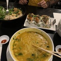 Yellow curry soup, vegan beef bao buns, build your own bowl with brown rice and salt and pepper tofu at Holy Basil Pho in Oakland