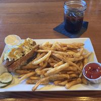 Vegan bratwurst with fries and veganaise on the side.  at South Gate Brewing Company in Oakhurst