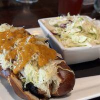 Vegan Bratwurst with a side of coleslaww  at South Gate Brewing Company in Oakhurst