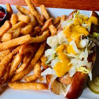 Beyond brat with pickled cabbage and mustard- fantastic! at South Gate Brewing Company in Oakhurst