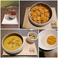 Vellutata di zucca, flan, tortellini, tiramisu at Herbe in Reggio Emilia