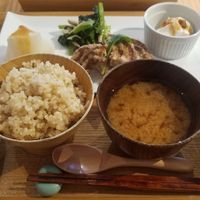 vegan lunch set -fried gluten, tofu, rice with dried tea furikake on top, daikon with miso, soft tofu with miso and mushrooms, potato creamy soup (as an add-on, I think) at Kiseki no Shokutaku in Yokohama