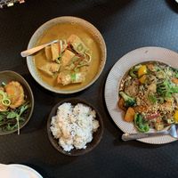 Veg curry puffs, massaman curry, pad thai & coconut rice (all off vegan menu)  at Three Little Pigs in South Fremantle