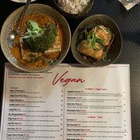 Ruby sear tofu (red curry), veg curry puffs & coconut rice  at Three Little Pigs in South Fremantle