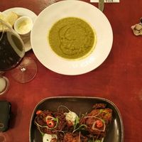 brocoli and ginger soup and courgette and parsnip fritters w coconut yog at Ilkley Moor Vaults in Ilkley