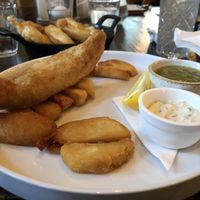 Vegan fish & chips, onion rings  at Ilkley Moor Vaults in Ilkley