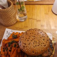 Vega  burger with sweet potato fries. (Other burger is not vegan) at Pear Tree in Hermanus