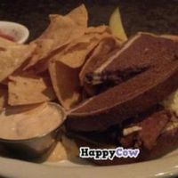 Tempeh Reuben with tortilla chips and salsa. Vegan cheese and thousand island dressing. at The Portsmouth Brewery in Portsmouth