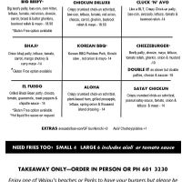 Prev burger menu  at Logan MacLean in Waipu