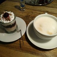 Vegan "tiramisu" and cappuccino with plant-based milk at Brauhaus Sacher in Leonberg