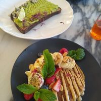 Vegan pancake with chosen topping (peanut butter and banana) at Manjerica in Lisbon