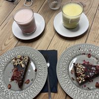 100% plant based salted caramel, chocolate, and hazelnut pie, beetroot and cumin lattes  at Manjerica in Lisbon