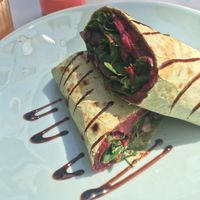 Mushrooms, beetroot hummus and spinach wrap at Manjerica in Lisbon
