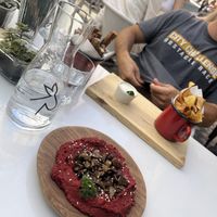 Beet and mushroom hummus  at Manjerica in Lisbon
