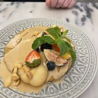 Pancakes , peanut butter and fruit   at Manjerica in Lisbon