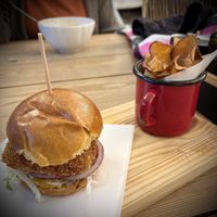 Delicious burger with sweet potato chips  at Manjerica in Lisbon