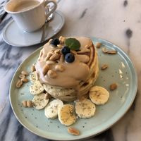 Pancakes with peanut butter & bananas  at Manjerica in Lisbon